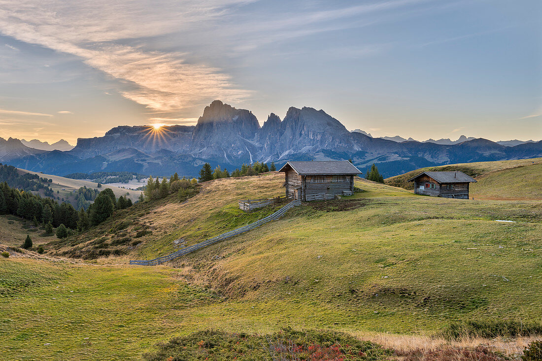 Alpe di Siusi/Seiser Alm, Dolomites, South Tyrol, Italy. Sunrise on the plateau of Bullaccia/Puflatsch. In the background the peaks of the Sella and  Sassolungo