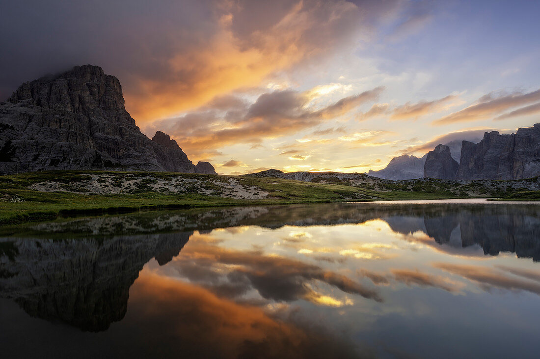 Sunrise at Laghi dei Piani from Locatelli hut. Dolomites, South Tyrol, Bolzano province, Trentino Alto Adige, Italy.