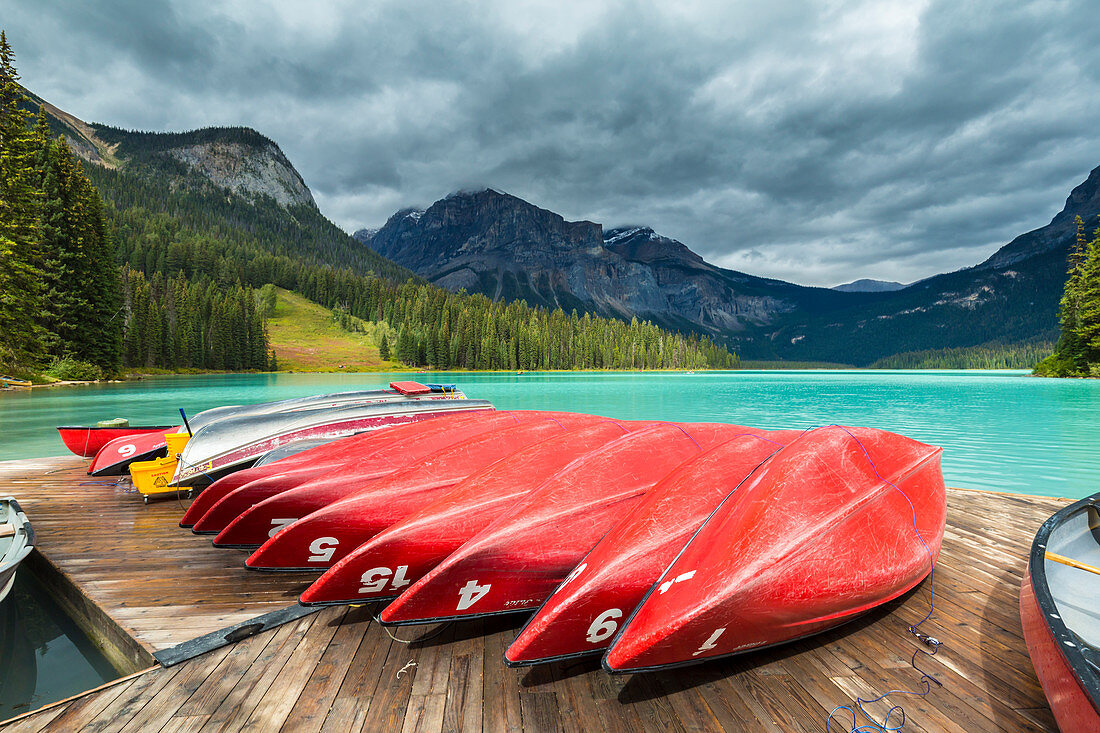 Rental canoes in Emerald Lake, Yoho National Park, Field, British Columbia, Canada