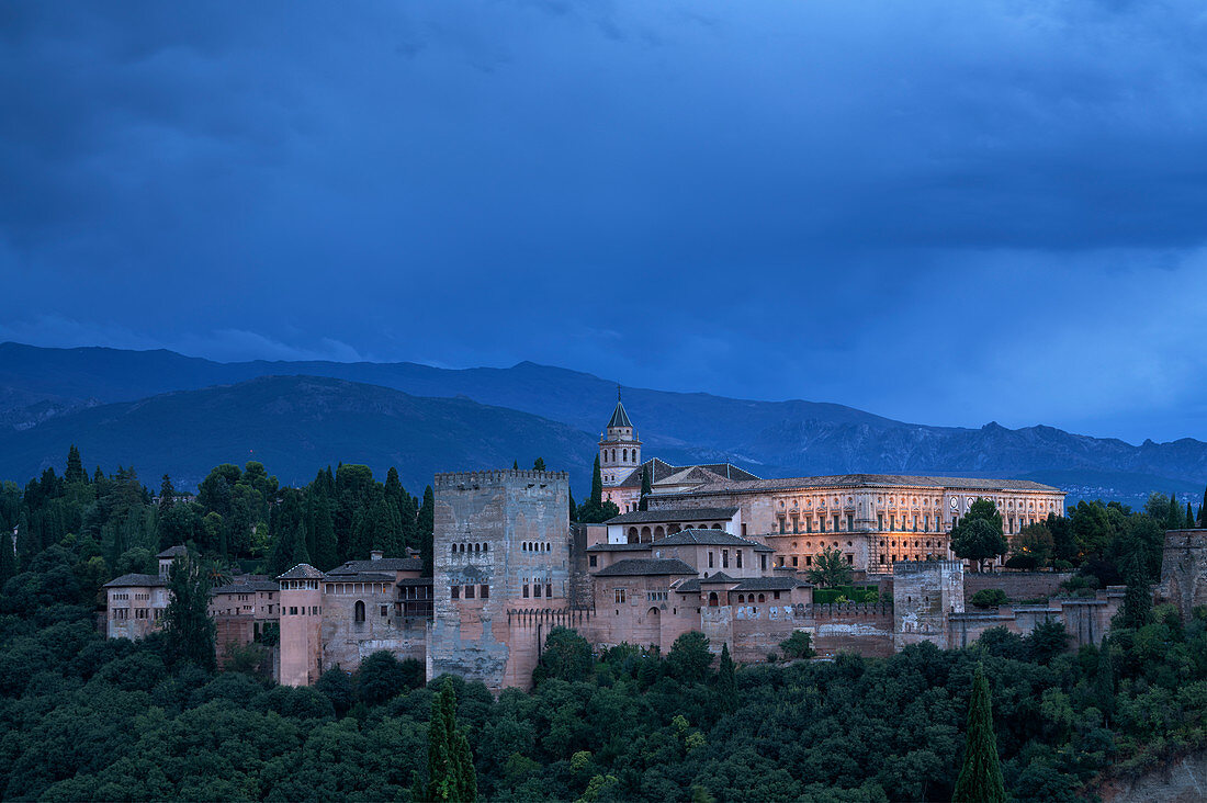 Alhambra palace and fortress at dusk, Granada, Andalusia, Spain