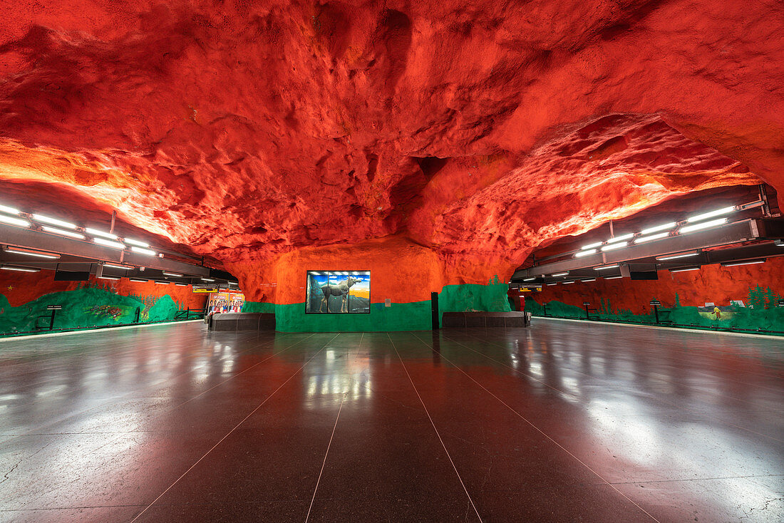 Solna Centrum metro station decorated with red and green ceiling artwork, depicts environmental and social problems, Stockholm, Sweden