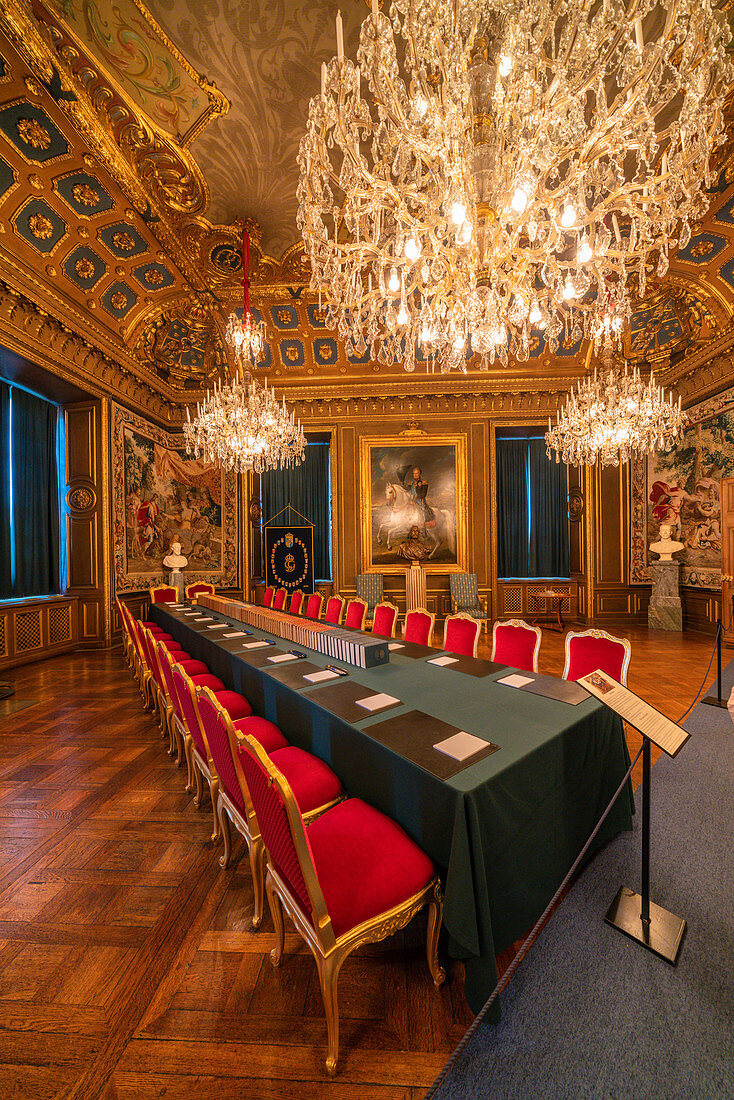 Velvet on chairs and long table used for the noble meetings in the interior rooms of the Royal Palace, Stockholm, Sweden
