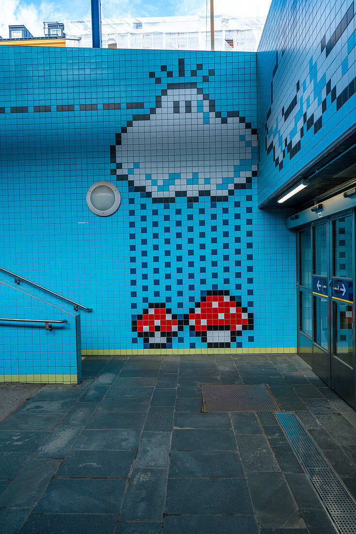 Thorildsplan metro station decorated with artwork on tiles inspired by video games characters, Stockholm, Sweden