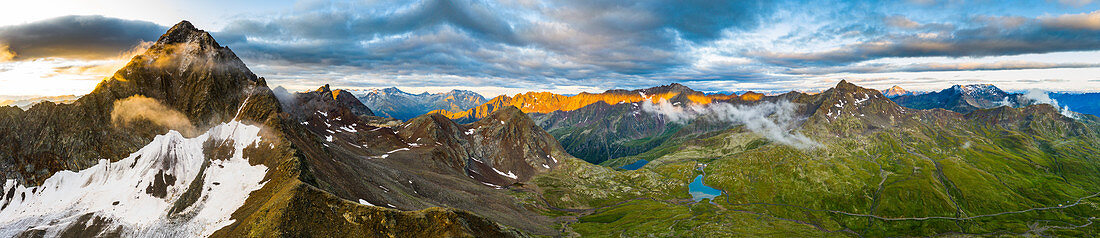 Aerial panoramic of Corno dei Tre Signori and Gavia Pass at dawn, Valtellina, Sondrio province, Lombardy, Italy