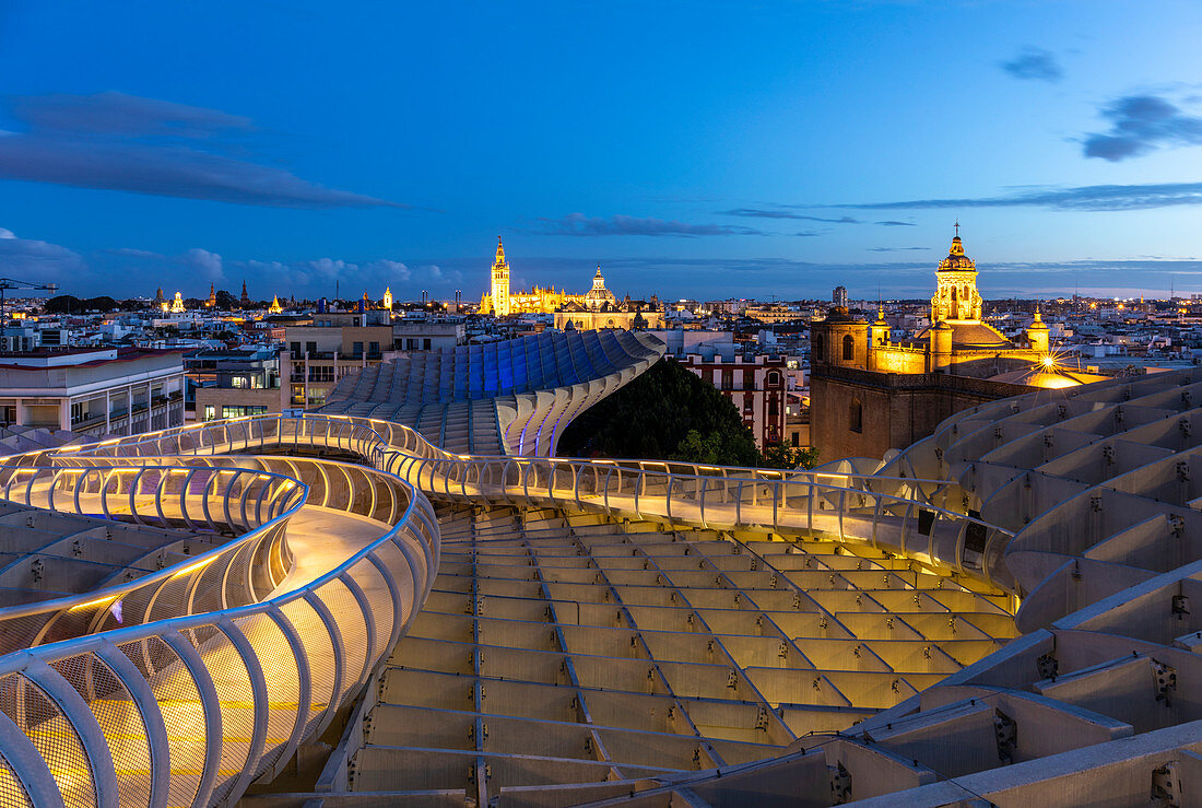 High view of Seville from Metropol Parasol public walking sculpture. Seville, Andalucia, Spain