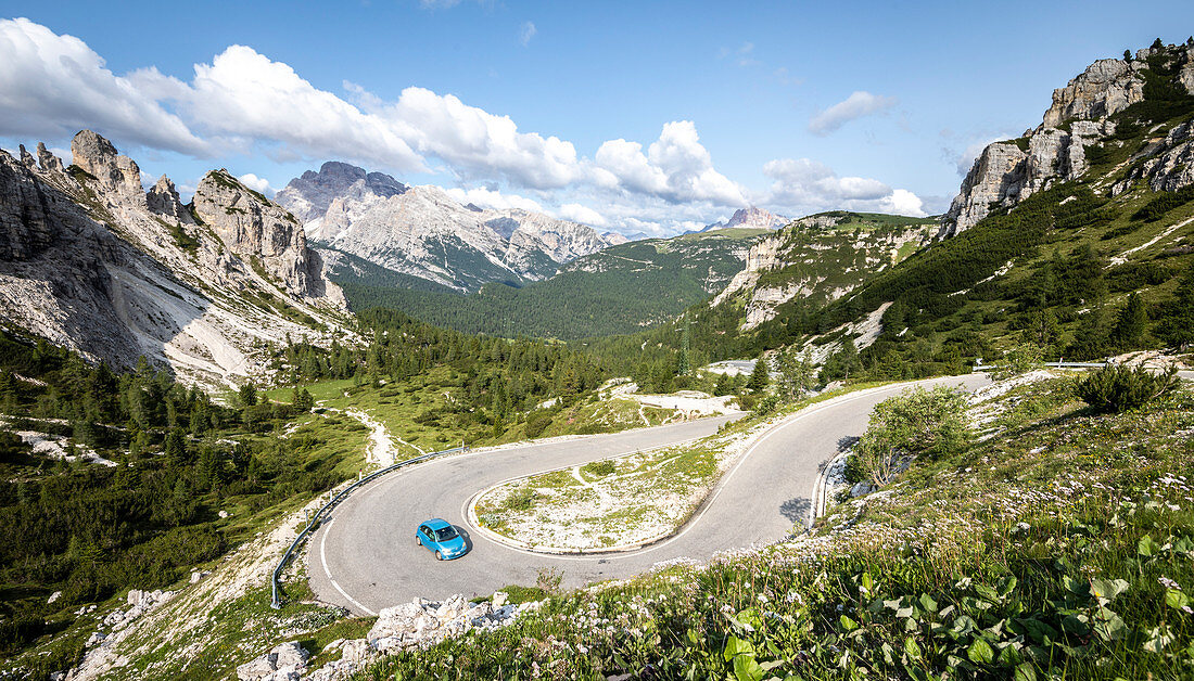 Mountain road leading to Tre Cime di Lavaredo peake. Tre Cime di Lavaredo natural park, Belluno province, Dolomites, Veneto, Italy
