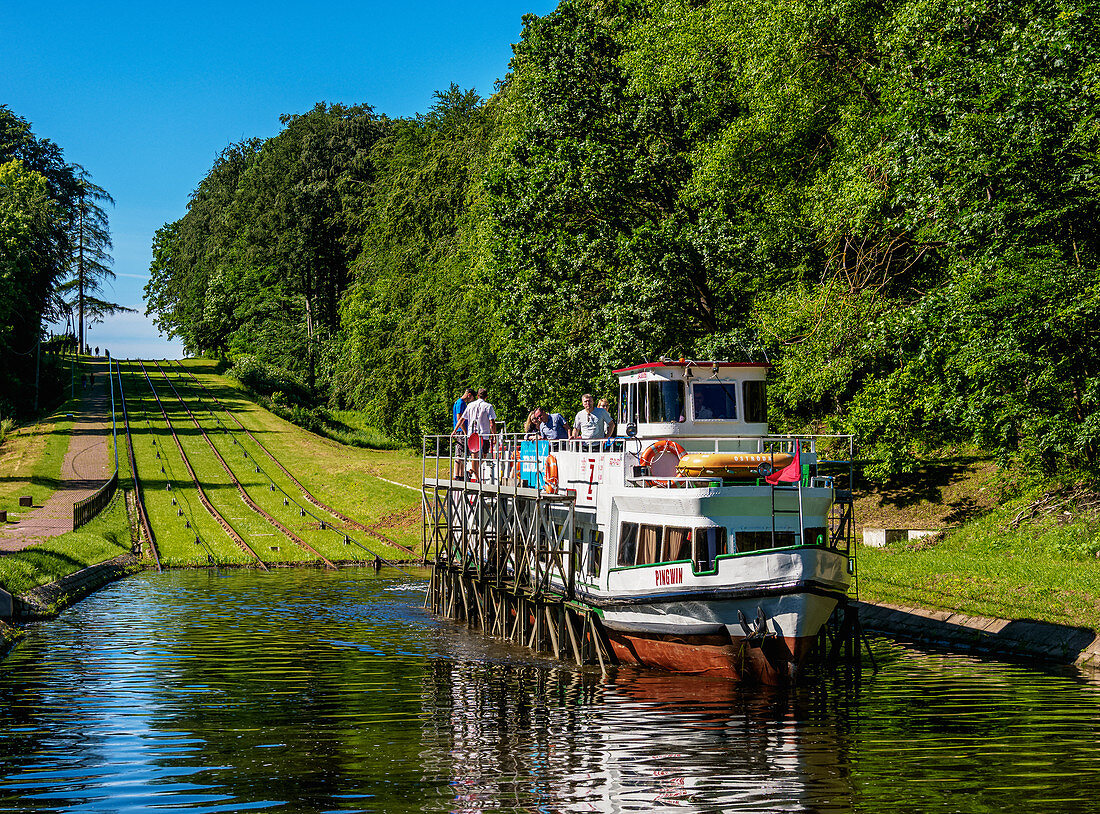 Tourist Boat in Cradle at Inclined Plane in Buczyniec, Elblag Canal, Warmian-Masurian Voivodeship, Poland, Europe