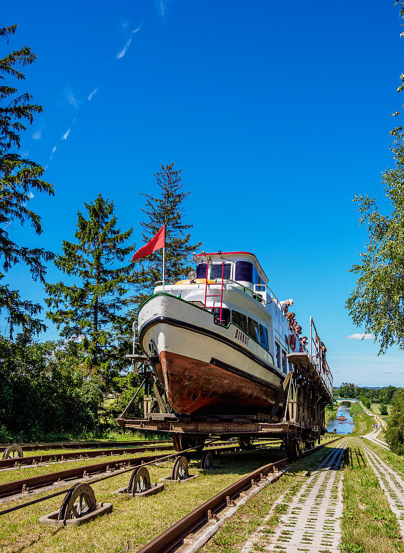 Tourist Boat in Cradle at Inclined Plane in Jelenie, Elblag Canal, Warmian-Masurian Voivodeship, Poland, Europe