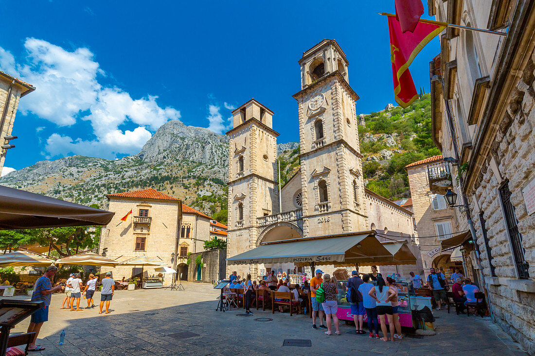 View of St. Tryphon Cathedral, Old Town, UNESCO World Heritage Site, Kotor, Montenegro, Europe