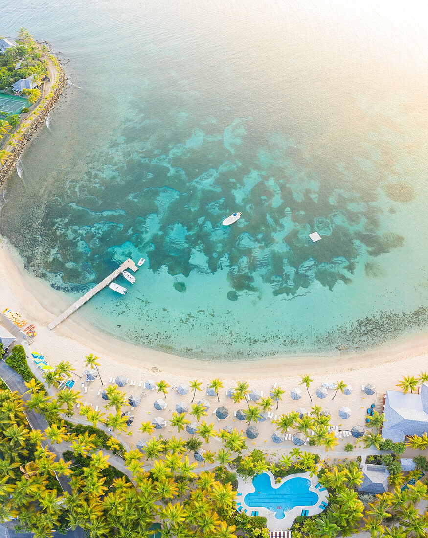 Panoramic of palm-fringed beach of luxury resort washed by Caribbean Sea from above, Morris Bay, Old Road, Antigua, Leeward Islands, West Indies, Caribbean, Central America