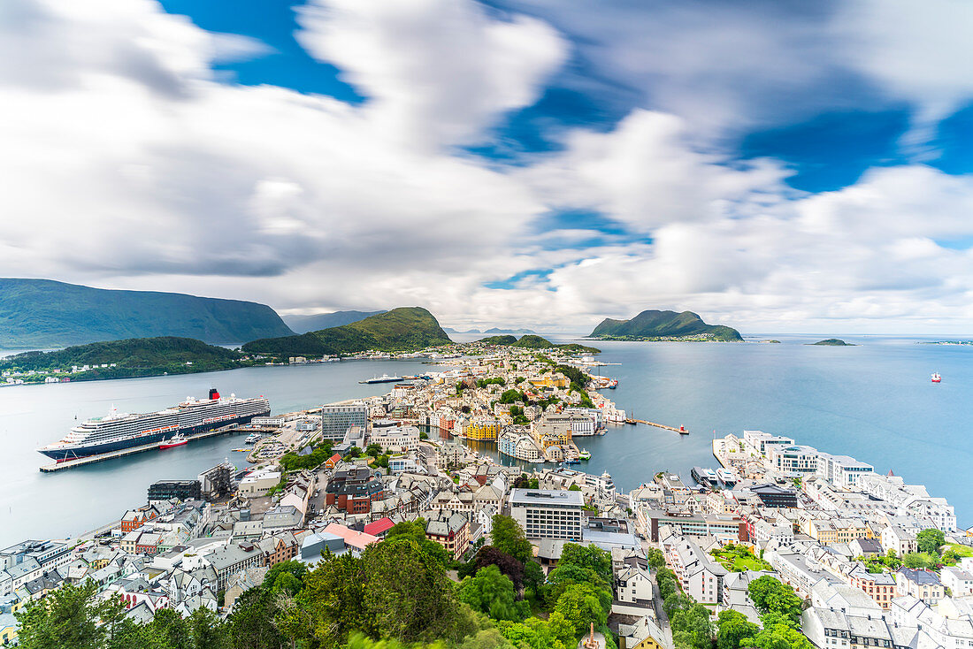Overview of Alesund and ocean from Byrampen lookout, Aksla, More og Romsdal county, Norway, Scandinavia, Europe
