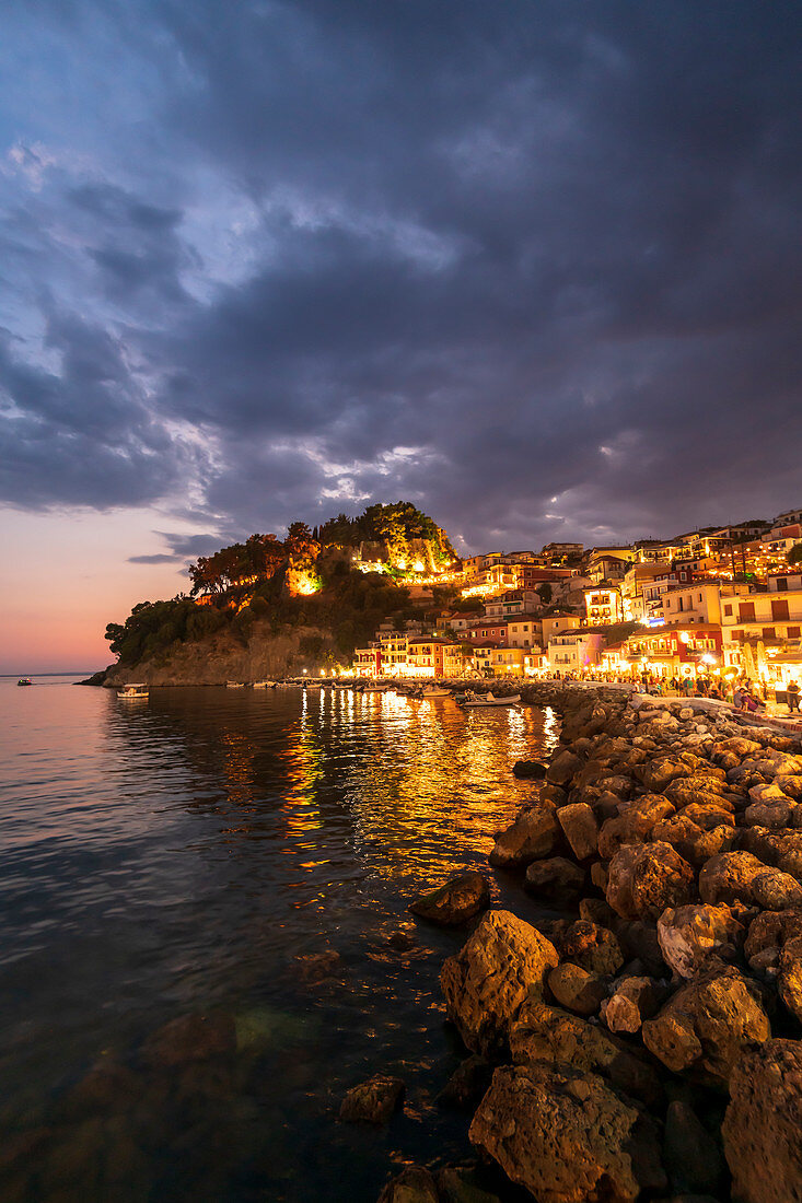 Sunset at Parga Castle and harbour, Parga, Preveza, Greece, Europe