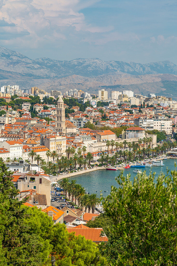 Panoramic view from above Split Town and Cathedral of Saint Domnius, Split, Dalmatian Coast, Croatia, Europe