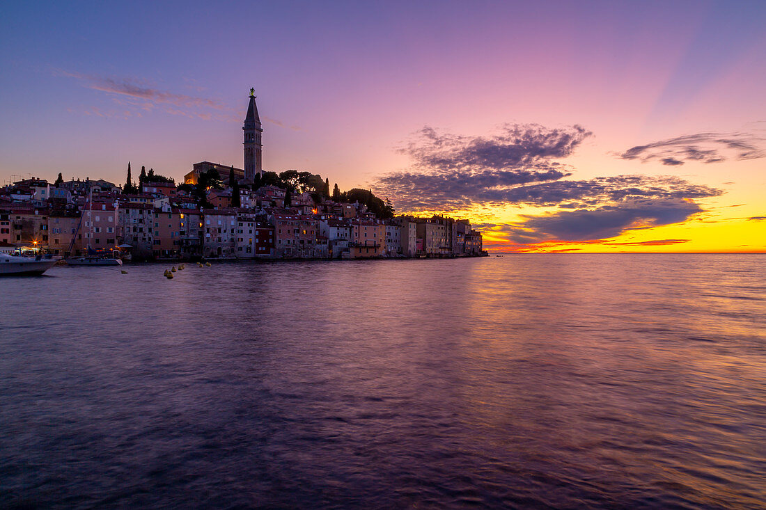 View of Old Town and Cathedral of St. Euphemia after sunset, Rovinj, Istria, Croatia, Adriatic, Europe