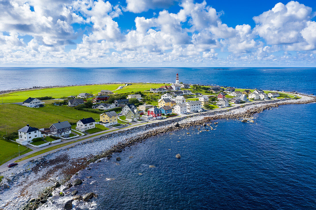 Aerial view by drone of the coastal village of Alnes, Godoya Island, Alesund, More og Romsdal County, Norway, Scandinavia, Europe