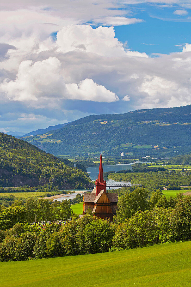 Ringebu stave church above the river Lagen, Ringebu, Stavkyrkje, Gudbrandsdalen, Oppland, Norway, Europe