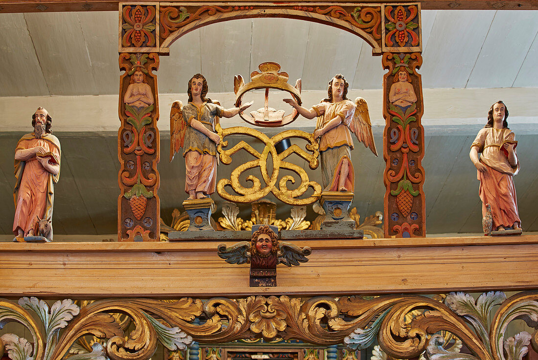 Carved choir arch in the Vaga Stave Church, Stavkyrkje Vaga, Vagakyrkja, Vagamo, Oppland, Norway, Europe