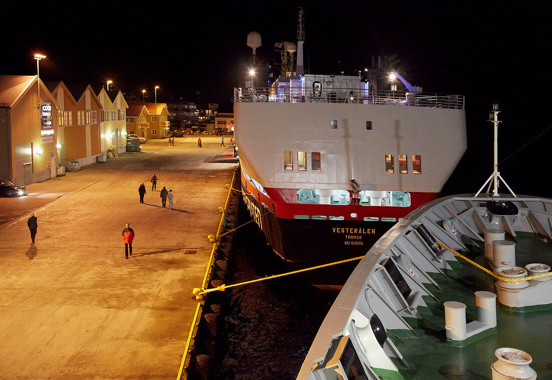 Hurtigruten ship in the port of Roervik, night, Vikna island, Trondelag province, Namdalen district, Norway, Europe