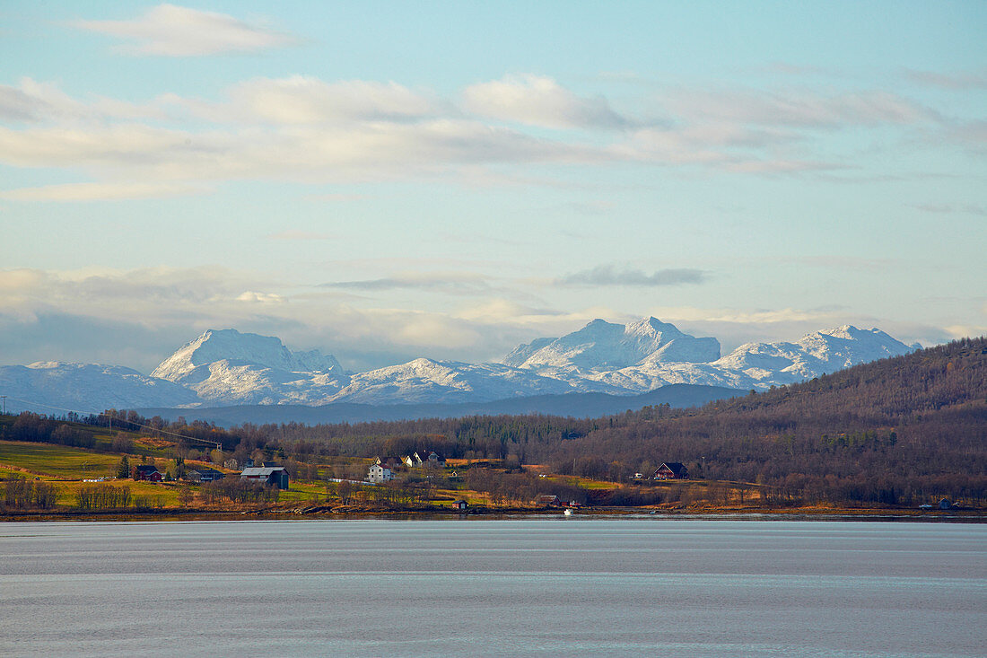 Autumn landscape at Gibostad near Finnsnes am Gisundet, snow, Senja island, Troms, Norway, Europe