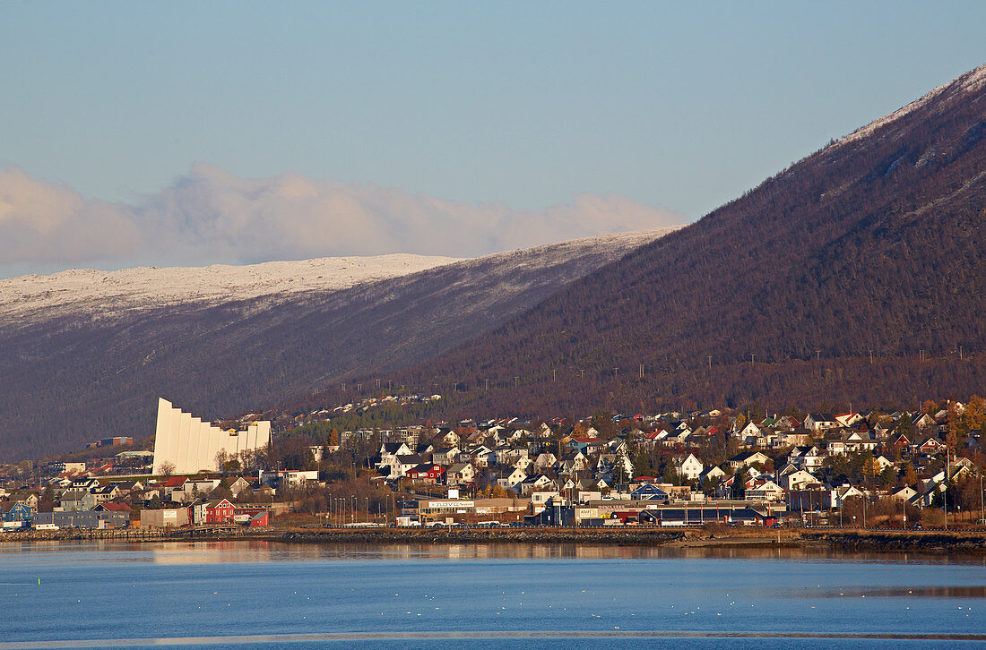 Tromso with Arctic Cathedral, Ishavskatedralen, Tromsöysundet, snow, Troms, Norway, Europe
