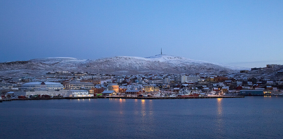 Hammerfest at dawn with snow, Kvalöya Island, Finnmark Province, Vest-Finnmark, Norway, Europe