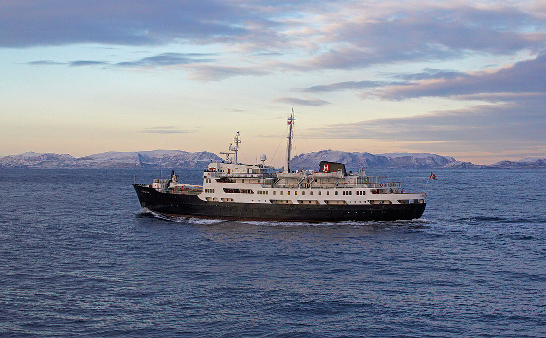 Hurtigruten Schiff MS Lofoten vor Havöysund, Insel Havöya, Breisundet, Provinz Finnmark, Vest-Finnmark, Norwegen, Europa