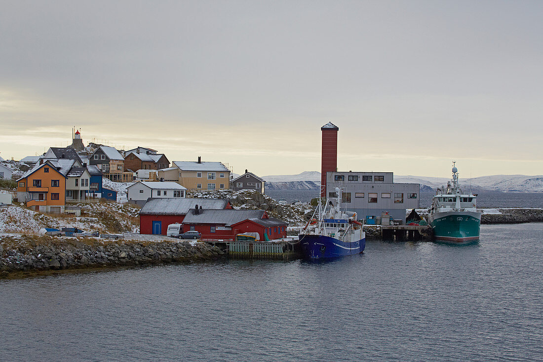 Snow-covered Honningsvag with harbor, Mageröya Island, Porsangen, Finnmark Province, Vest-Finnmark, Norway, Europe