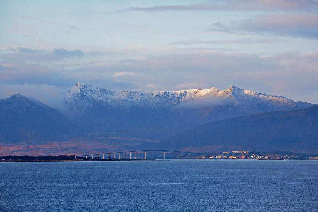 Snow-covered mountains near Risöyhamn, Risöysundet - Bridge, Vesteralen, Andöya, Nordland, Norway, Europe