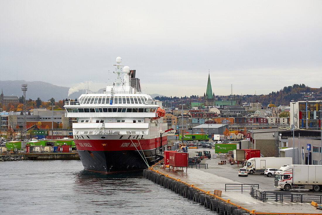 MS Kong Harald der Hurtigruten in the port of Trondheim, Trondheimsfjorden, Trondheim, Soer-Troendelag Province, Troendelag, Norway, Europe