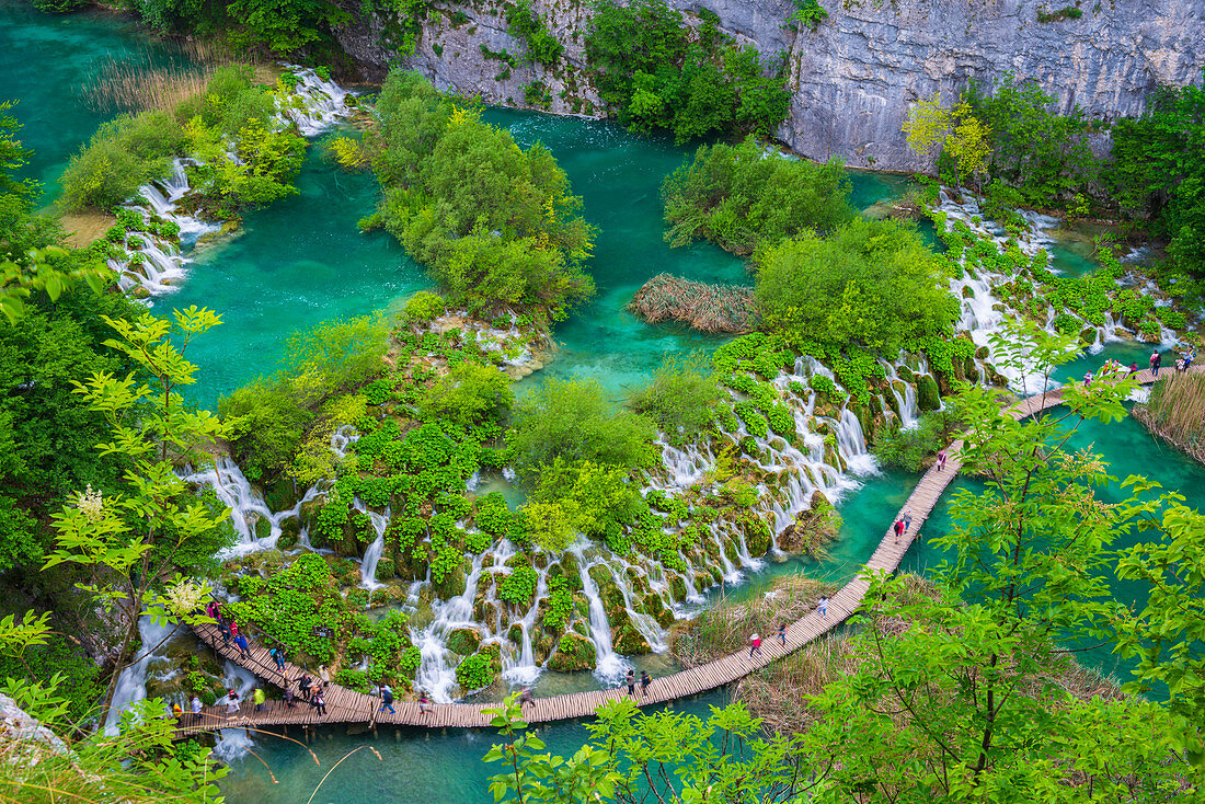 Aerial view of the boardwalk at Plitvice Lakes National Park, UNESCO World Heritage Site, Croatia, Europe