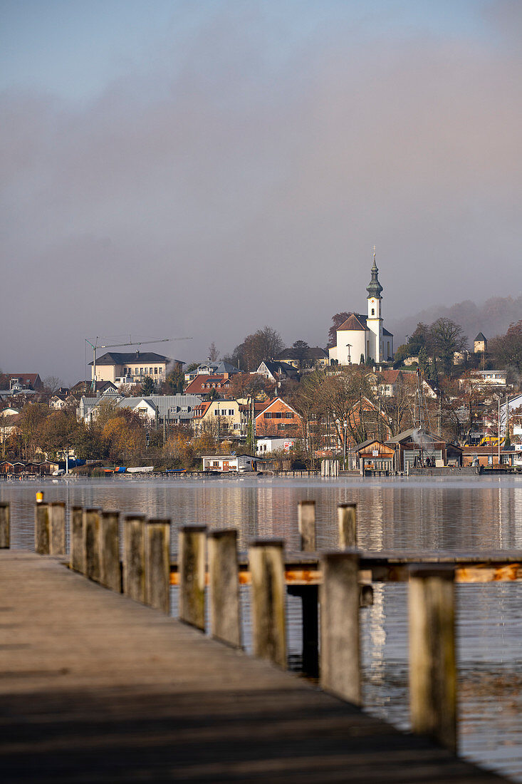 View of Starnberg from the bathing jetty in Starnberg, Percha district, Bavaria, Germany