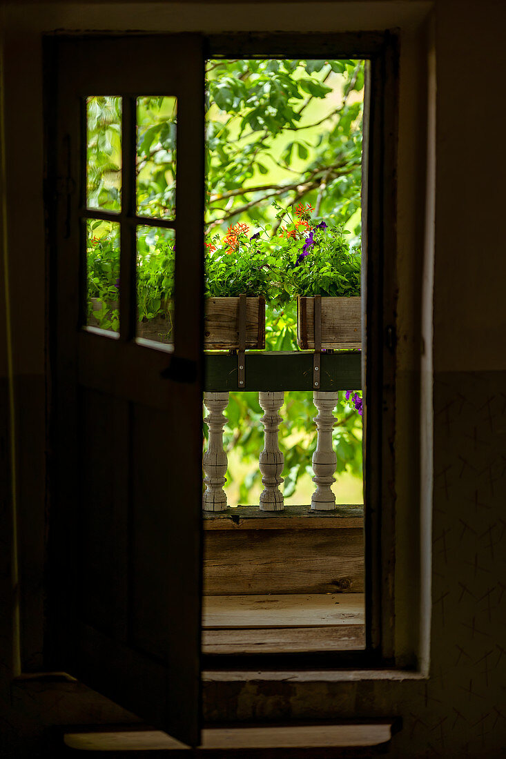 View of the balcony of a farmhouse, Upper Bavaria, Bavaria, Germany