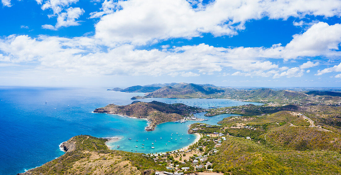 Aerial panoramic by drone of Galleon beach and English Harbour, Antigua, Antigua and Barbuda, Leeward Islands, West Indies, Caribbean, Central America