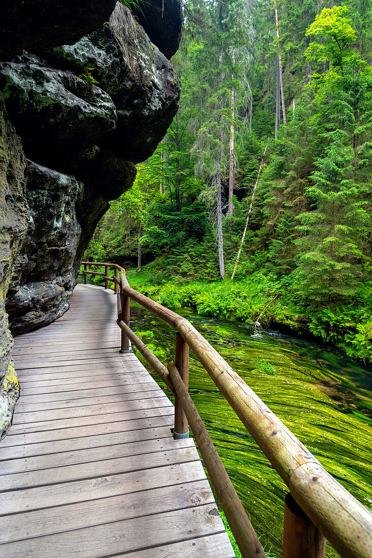 Kamnitz, Fluss, Steg, Wanderweg, Mezni Louka, Nationalpark, Böhmische Schweiz, Tschechien, Europa 