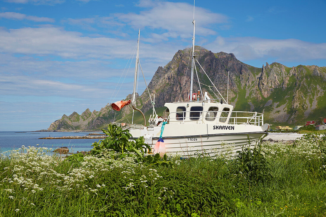 Discarded fishing trawler at the port of Bleik on Andoeya, Vesteralen, Nordland, Norway, Europe