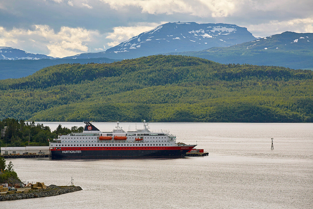 Hurtigruten - ship in Finnsnes on Gisundet, Senja island, Troms, Norway, Europe