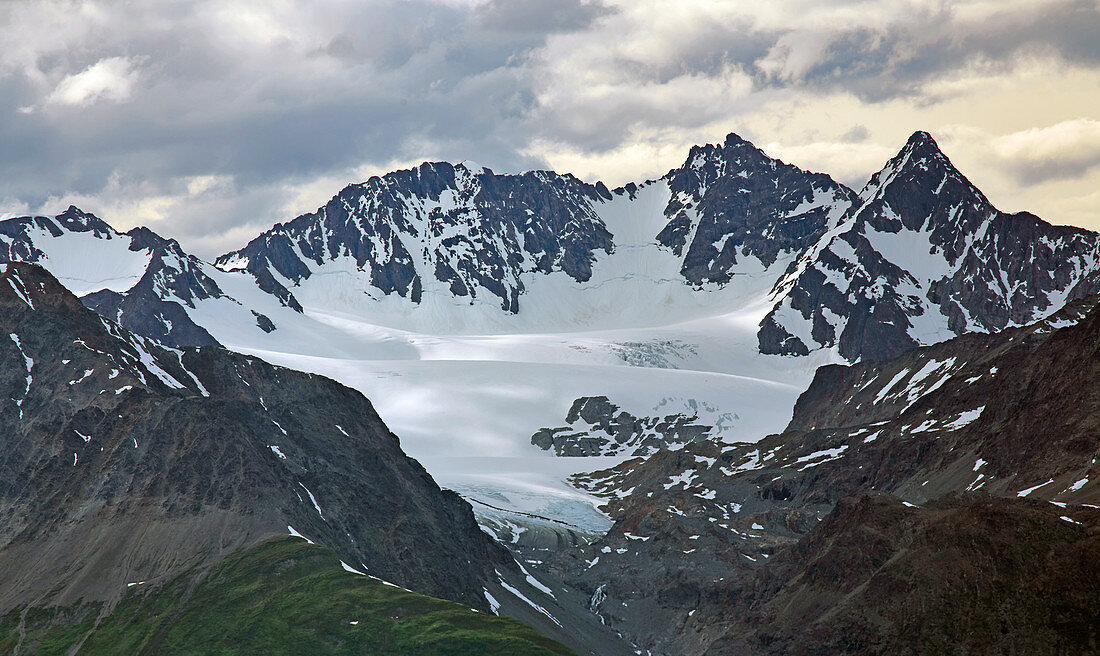 The Lyngen Alps on Lyngen from Olderdalen, Troms, Norway, Europe