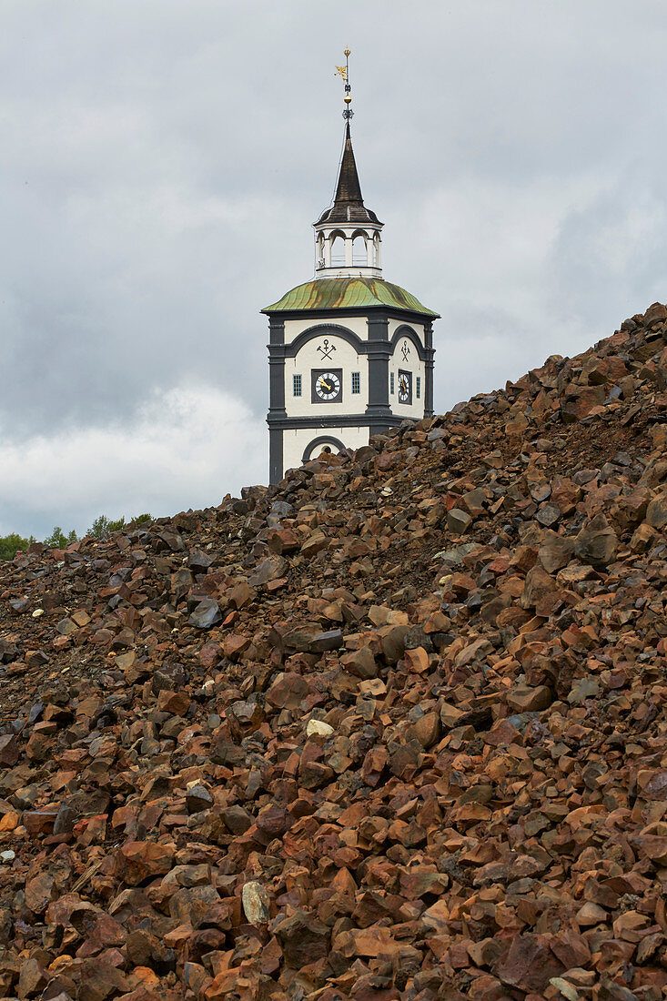 Church tower and dump in the mining town of Roeros, UNESCO World Heritage, Soer-Troendelag, Norway, Europe