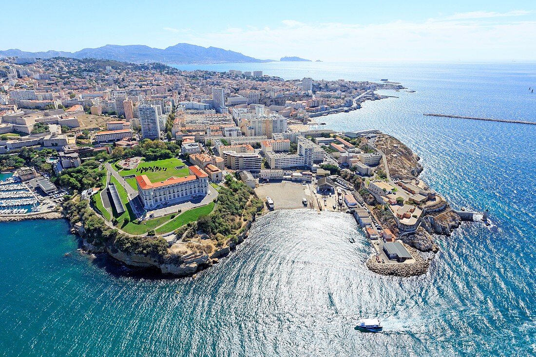 France, Bouches du Rhone, Marseille, Pharo district, Pharo palace and Pharo cove (aerial view)