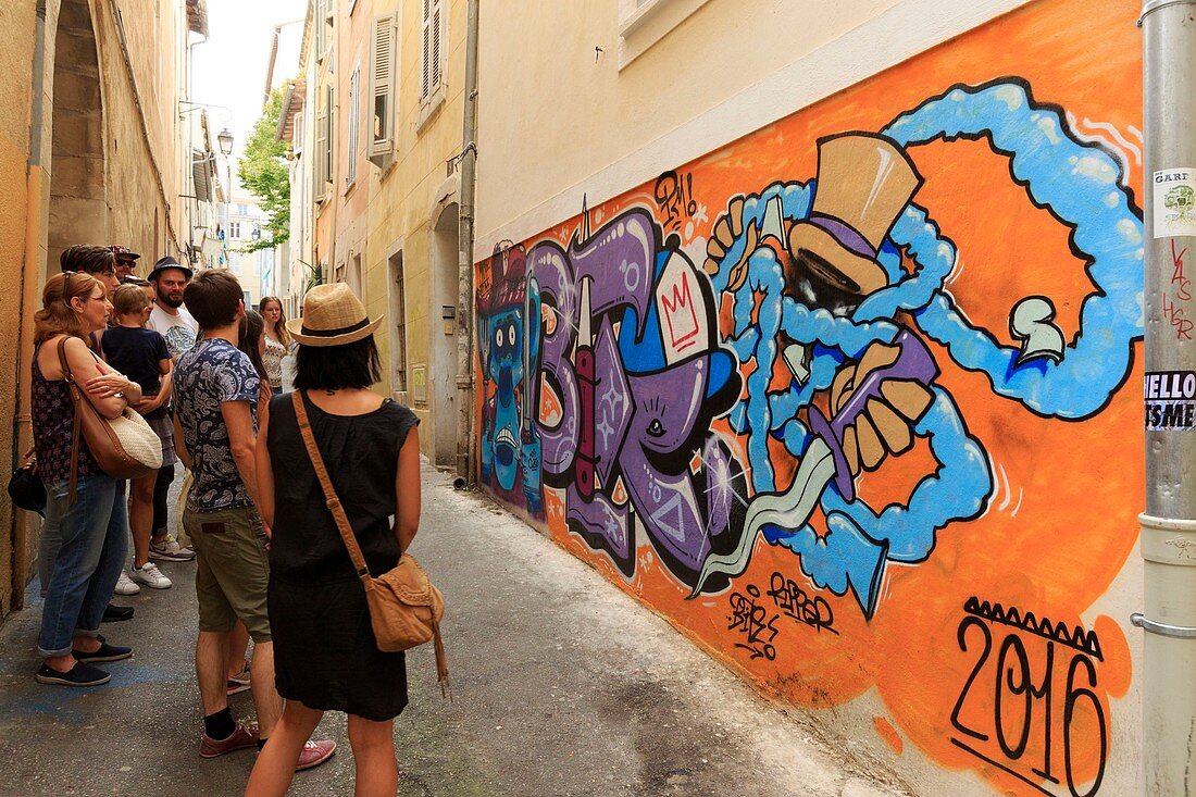 France, Bouches du Rhone, Marseille, Euromediterranee zone, Panier district, Street Art tour, guided tour of the murals by the graffiti artist Arnaud dit ASHA