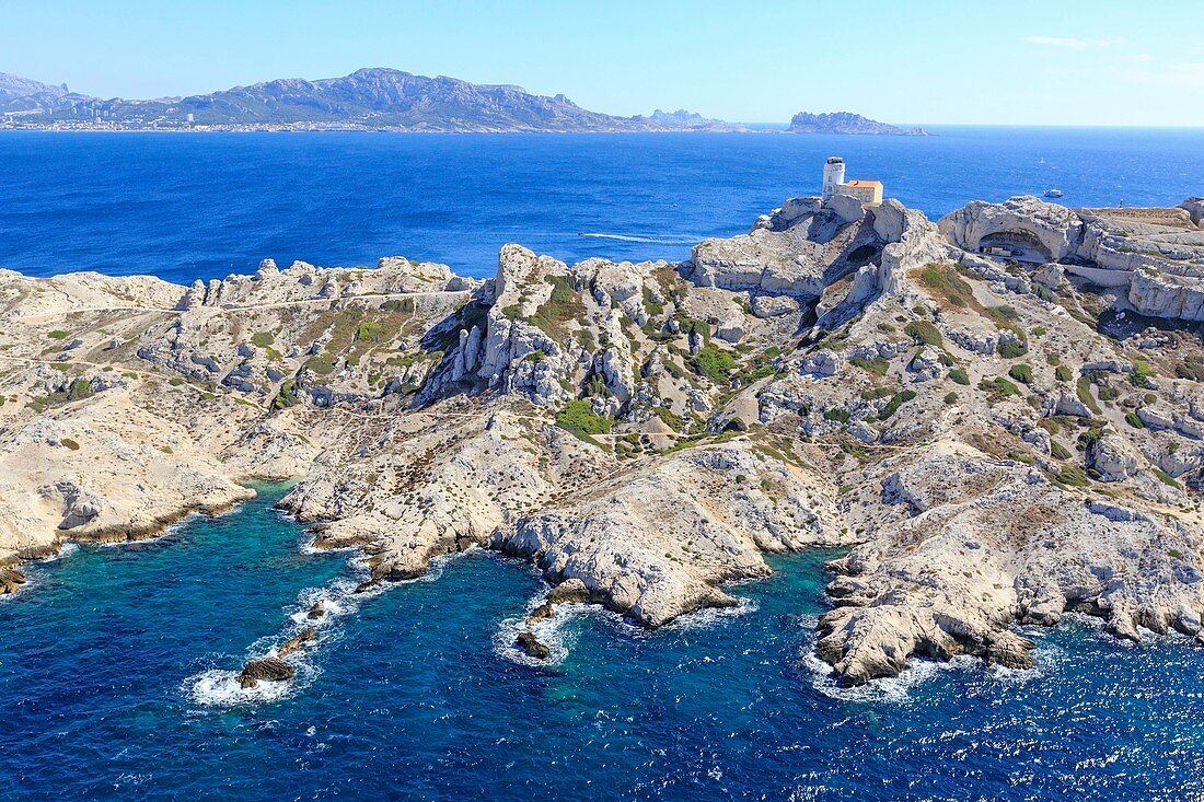 France, Bouches du Rhone, Calanques National Park, Marseille, Frioul Islands Archipelago, Pomegues Island, Cheminee Rock, Semaphore (aerial view)
