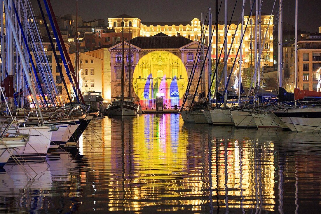 France, Bouches du Rhone, Marseille, City Hall area, Port Quay, Vieux Port, City Hall, Christmas illuminations, Blachere Events mapping, Intercontinental Hotel in background
