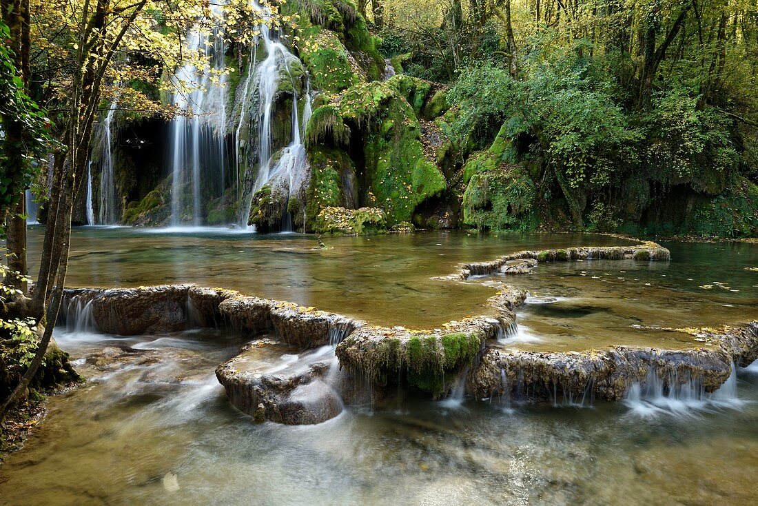 France, Jura, Les Planches Pres Arbois, source of the little Cuisance, the Tuffs waterfall