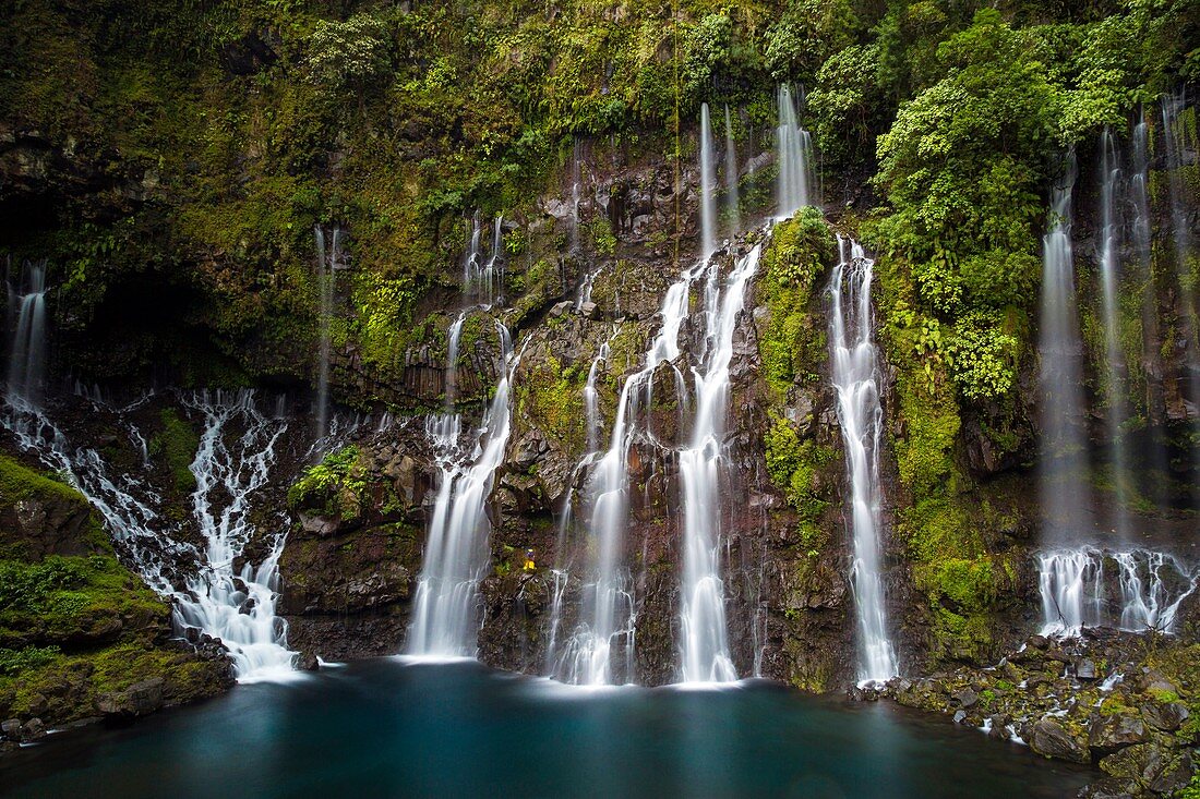 France, Reunion island, Reunion National Park listed as World Heritage by UNESCO, Saint Joseph, Langevin river on the flank of the Piton de la Fournaise volcano, Grand Galet waterfall or Langevin waterfall