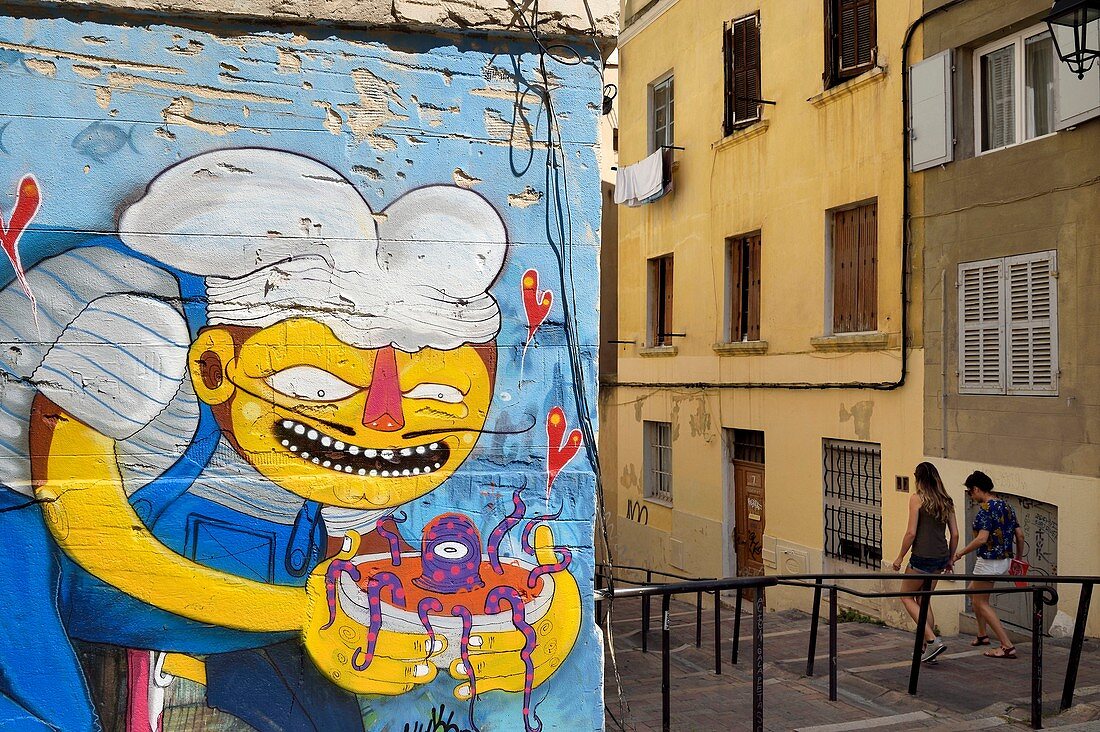 France, Bouches du Rhone, Marseille, Panier district, graffiti at the corner of the rue Poirier and Accoules