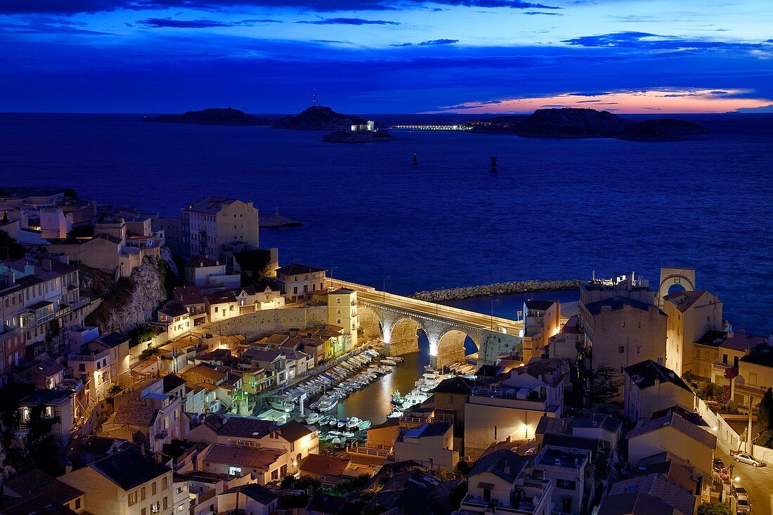 France, Bouches du Rhone, Marseille, Endoume district, Vallon des Auffes, the Frioul archipelago with the Chateau d'If (If castle) in the background