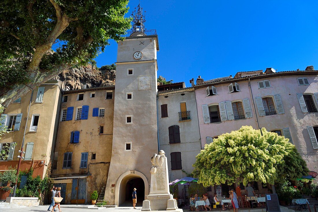 France, Var, Provence Verte, Cotignac, Place de la Mairie and the Clock tower