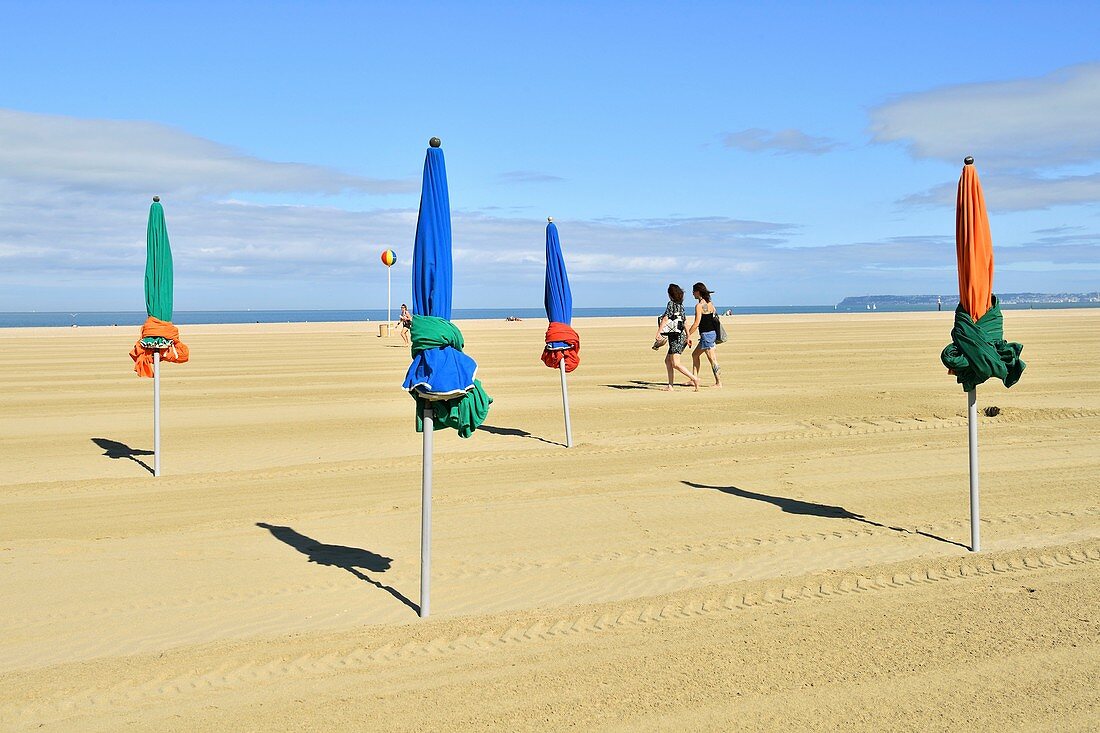 France, Calvados, Pays d'Auge, Deauville, the beach and its beach unmbrellas