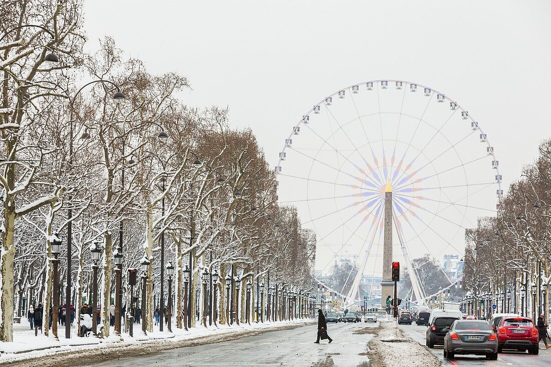 Frankreich, Paris, Avenue des Champs Elysees, Obelisque de la Concorde und Grande Roue, Schneefall am 07/02/2018