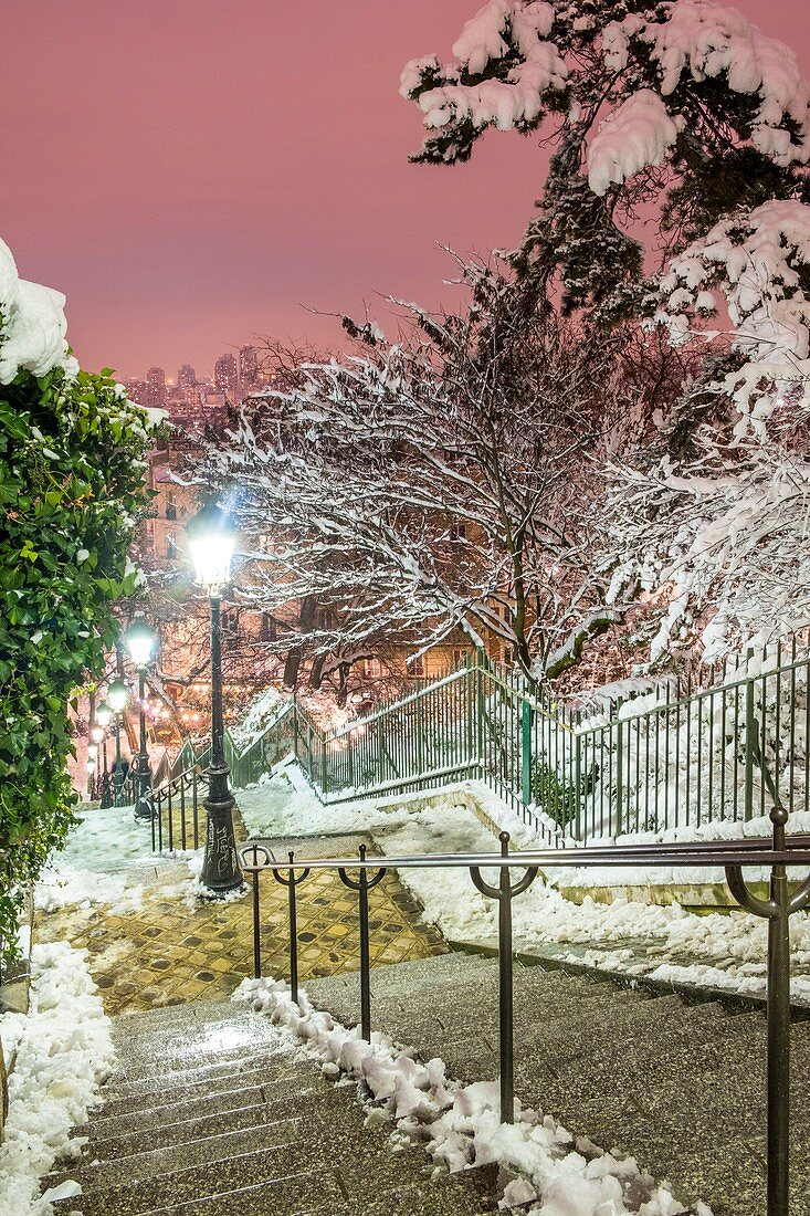 France, Paris, the Montmartre stairs, snowfalls on 07/02/2018